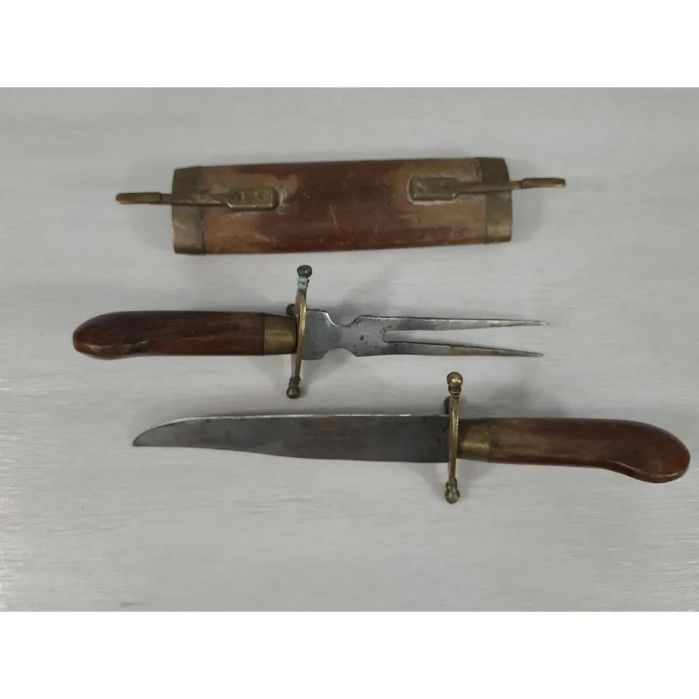 Vintage Indian Meat Carving Set Knife & Fork With Wood Handle & Sheath‎